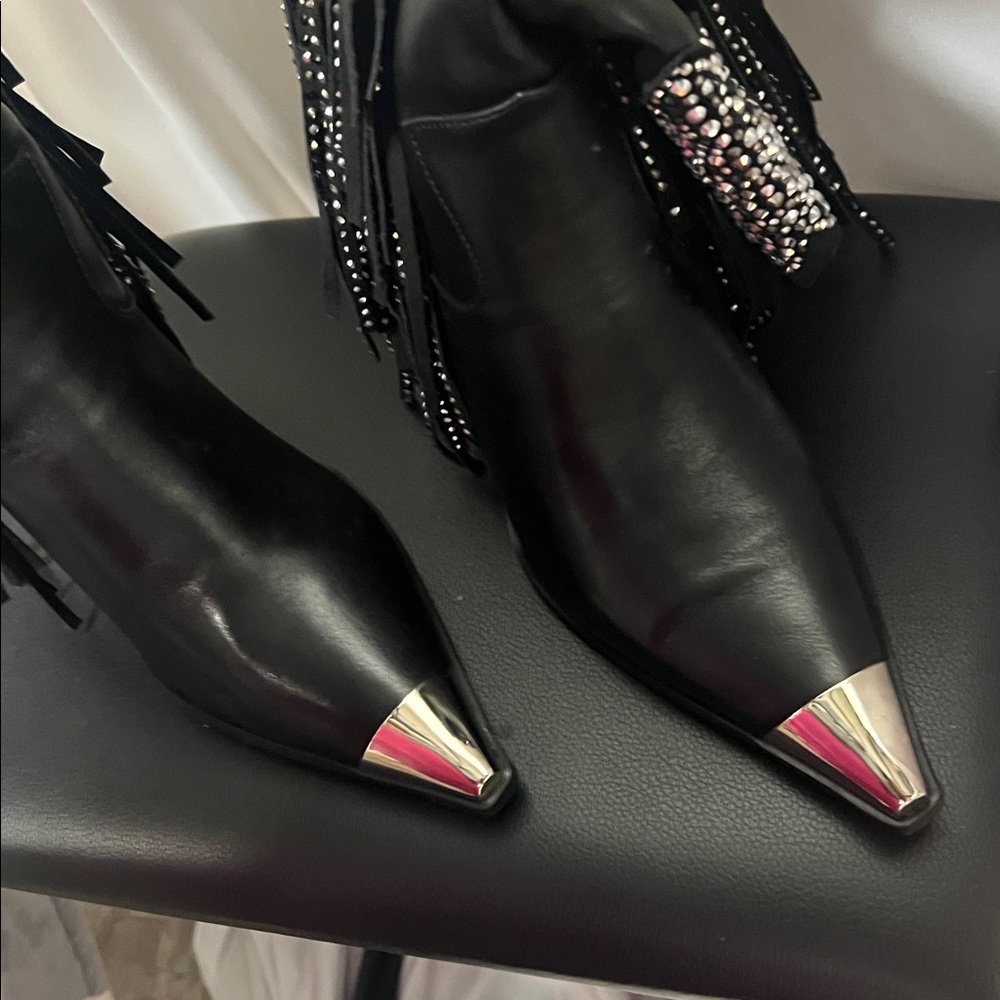 Embellished Black Fringe Heeled Boots - Picture 5 of 8